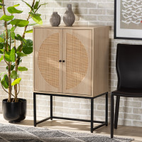 Baxton Studio MUS-003-Natural/Black Ardon Bohemian Light Brown Finished Wood and Black Metal 2-Door Storage Cabinet with Natural Rattan/